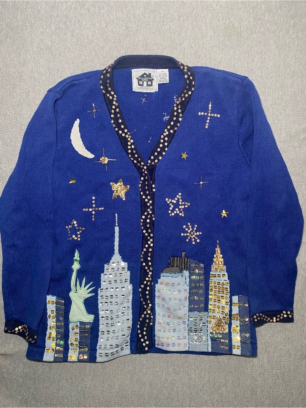 STORYBOOK KNITS New York Nights Womens Cardigan Sweater M Blue Sequins NYC
